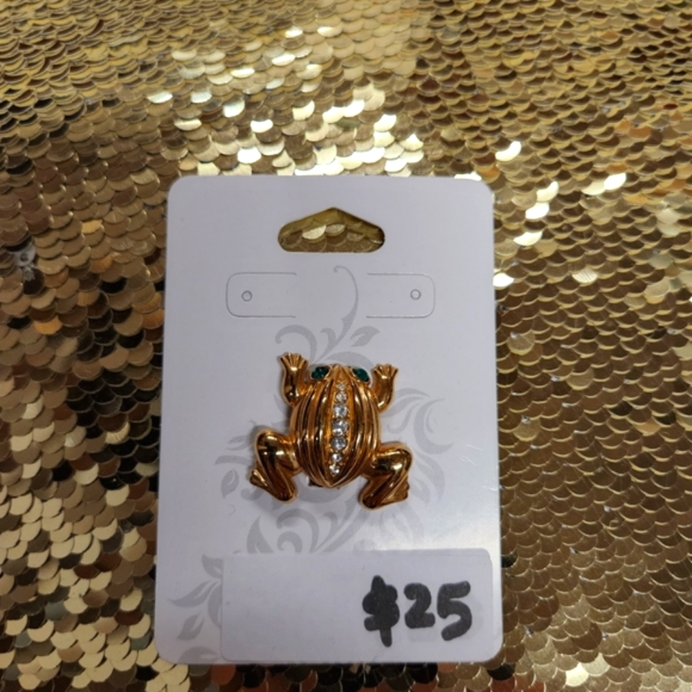 Vintage Signed Gold-Toned Krementz Jeweled Frog Broche #363